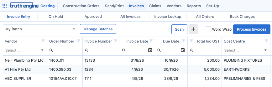 Scanned supplier invoice entered against an order and cost centre in Truth Engine Costing