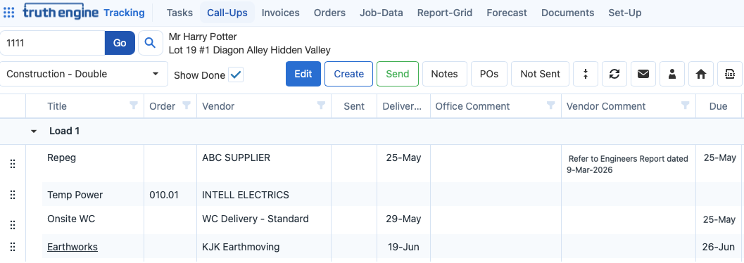 Call-up schedule for a job showing trades, delivery dates and site comments in Truth Engine Tracking