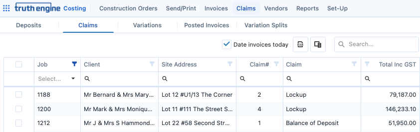 Progress claims listed against jobs in Truth Engine Costing