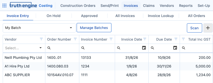 Supplier invoices entered against orders and cost centres in Truth Engine Costing