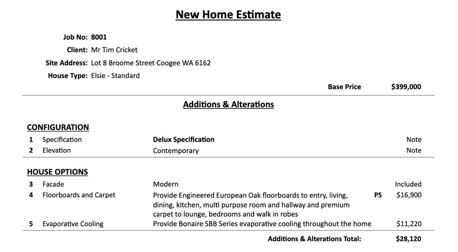 New home estimate produced from templates and project data