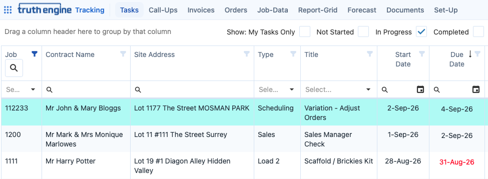 Task list across jobs showing type, title, start and due dates in Truth Engine Tracking