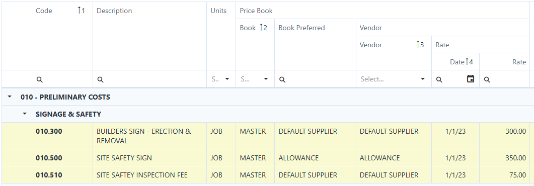 Price book listing cost codes, units, vendors and rates by cost centre