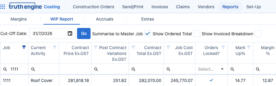 WIP report showing contract totals, job cost, mark-up and margin in Truth Engine Costing