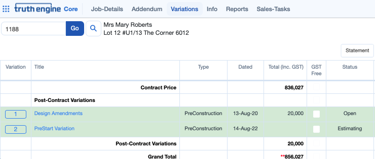 Sales, pre-contract and post-contract variations in Truth Engine Core