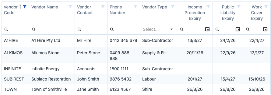 Vendor register with contacts, trade types and insurance expiry dates in Truth Engine Costing